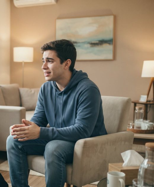 Rapaz conversando, sentado numa poltrona de consultório