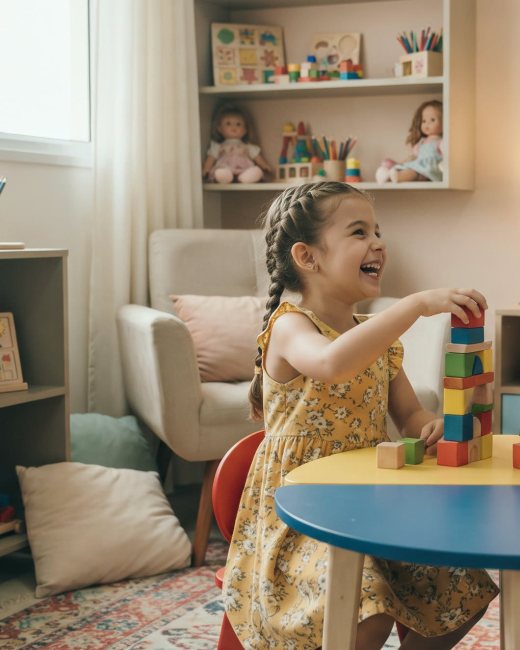 Menina rindo enquanto empilha blocos coloridos numa sala de atendimento infantil