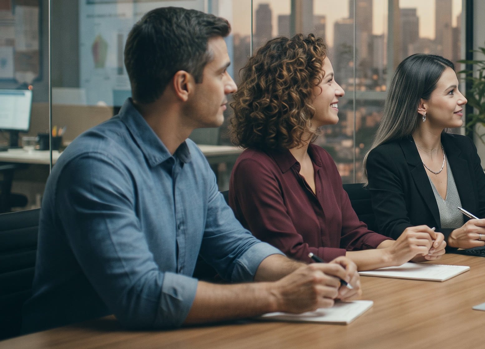 Equipe sentada à mesa de reunião, ouvindo com atenção